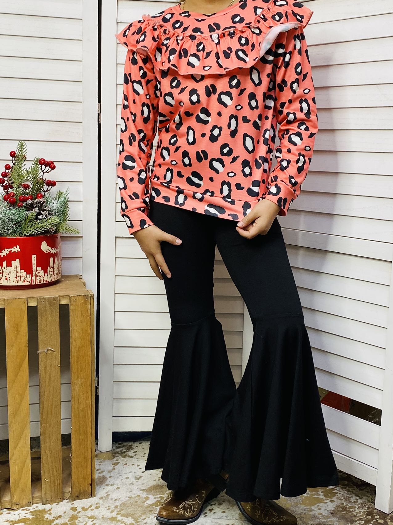 Kids Pink leopdard ruffle long sleeve top pant set XCH0015-28H