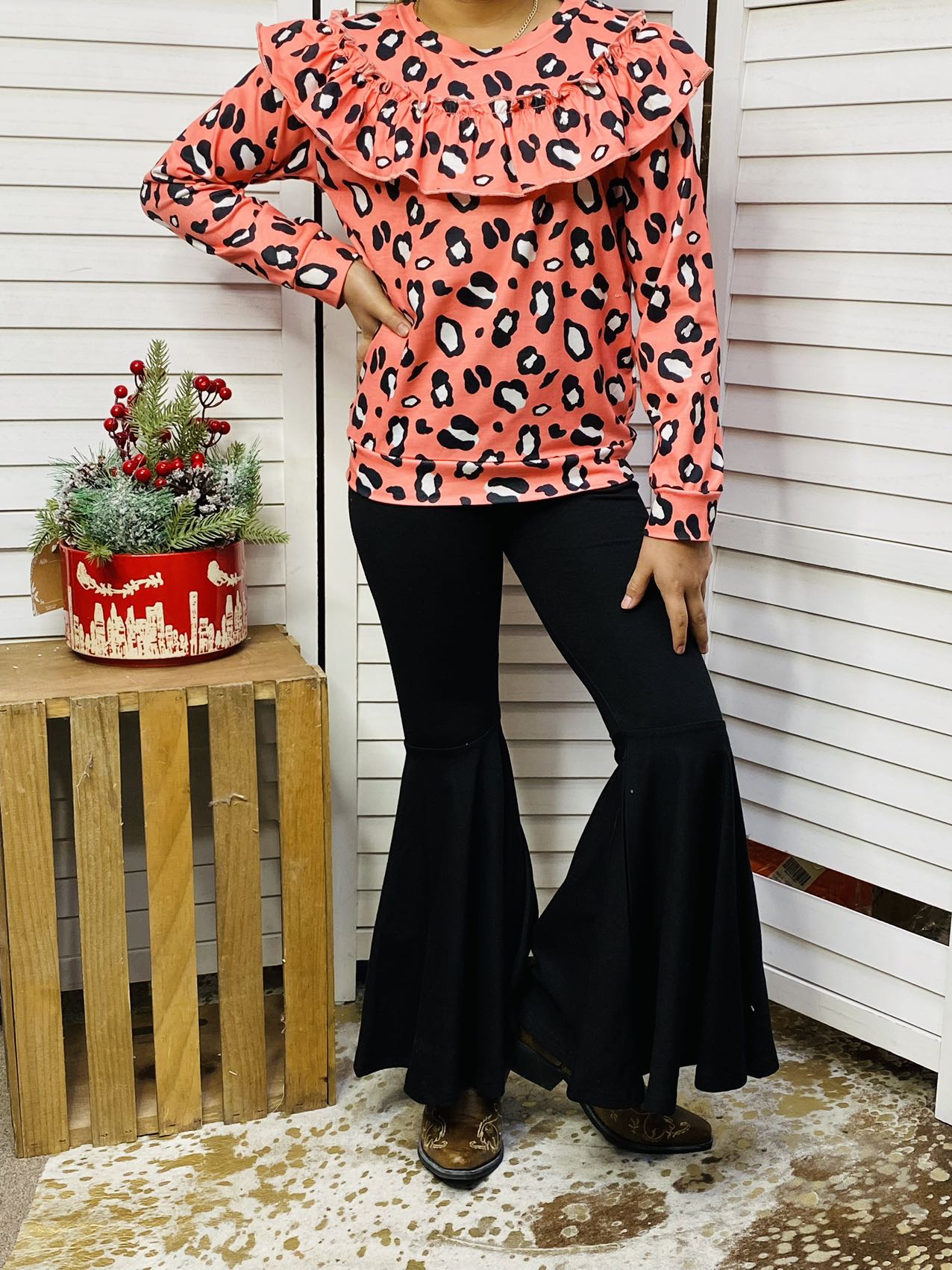 Kids Pink leopdard ruffle long sleeve top pant set XCH0015-28H