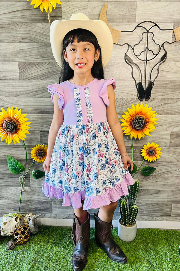 Purple floral little girls dress w/ruffle DLH1215-18 (A1S5)