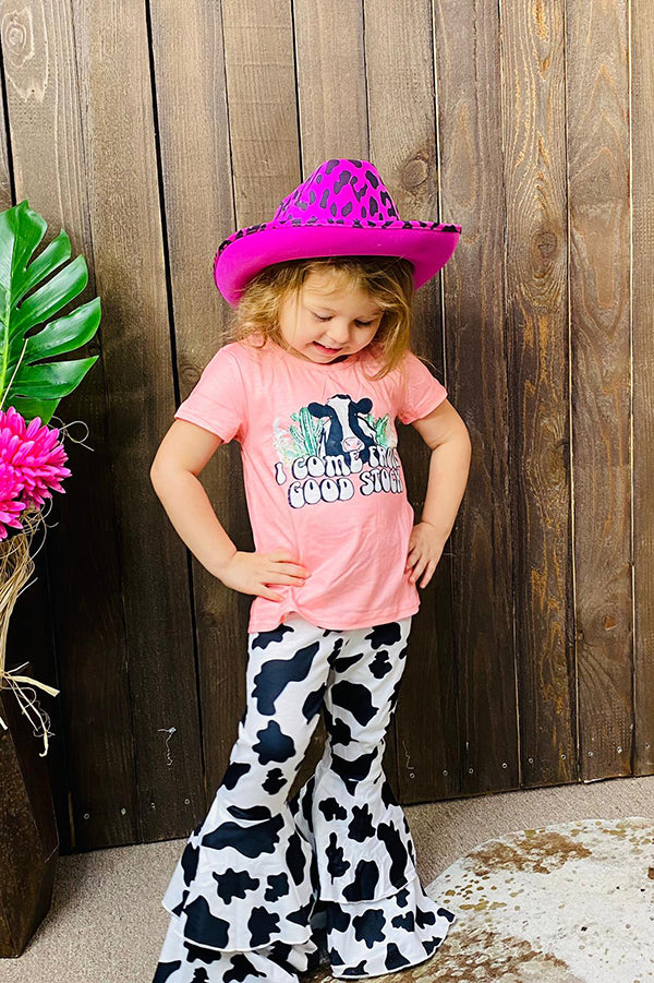 I COME FROM GOOD STOCK pink top cow bell bottom 2pc girls sets XCH0666-22H (A7S1)