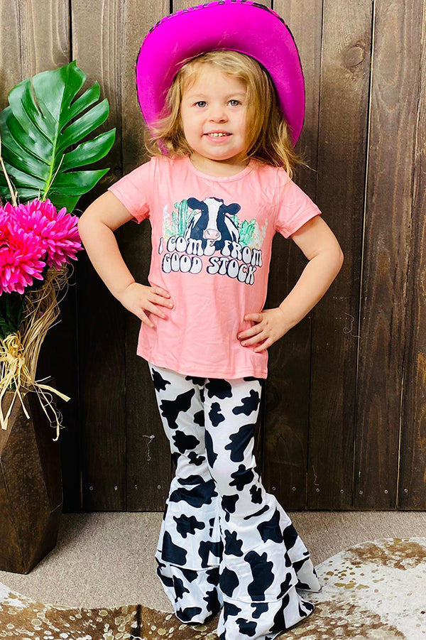 I COME FROM GOOD STOCK pink top cow bell bottom 2pc girls sets XCH0666-22H (A7S1)