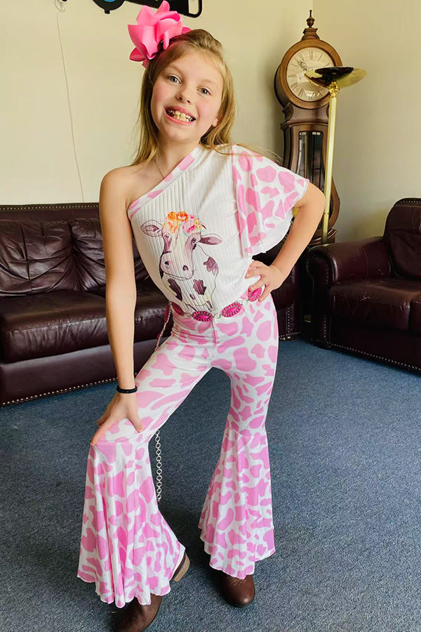 Western Kids one shoulder cow top pink bell bottom girls outfit sets DLH2444 (A6S3)