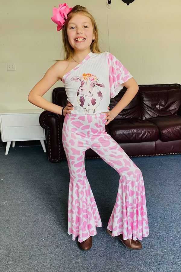 Western Kids one shoulder cow top pink bell bottom girls outfit sets DLH2444 (A6S3)