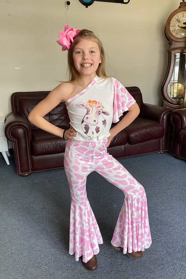 Western Kids one shoulder cow top pink bell bottom girls outfit sets DLH2444 (A6S3)