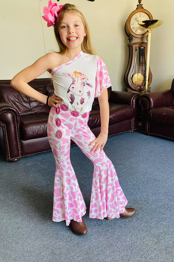 Western Kids one shoulder cow top pink bell bottom girls outfit sets DLH2444 (A6S3)