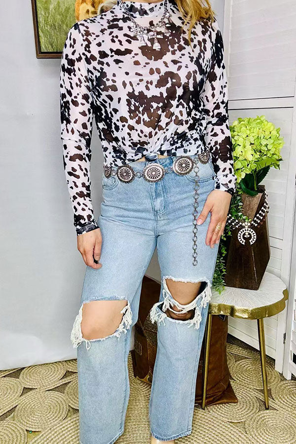 Sheer women's top wholesale cow printed mesh long sleeve XCH16109