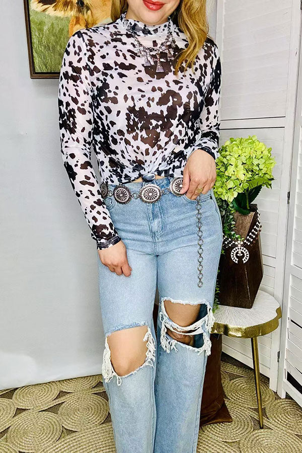 Sheer women's top wholesale cow printed mesh long sleeve XCH16109