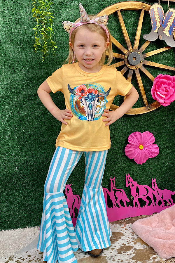 Bull skull top w/blue & white stripped bell bottoms 2pc girl set XCH0777-31H (A7S5)