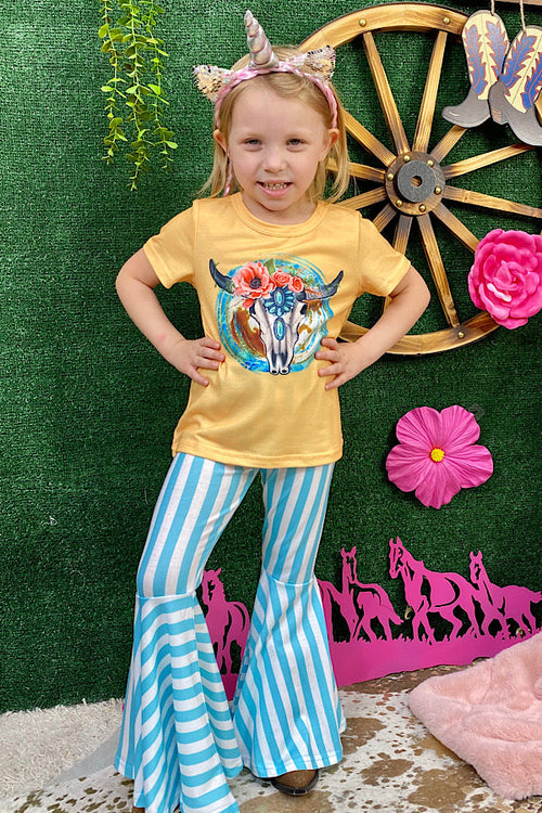 Bull skull top w/blue & white stripped bell bottoms 2pc girl set XCH0777-31H (A7S5)