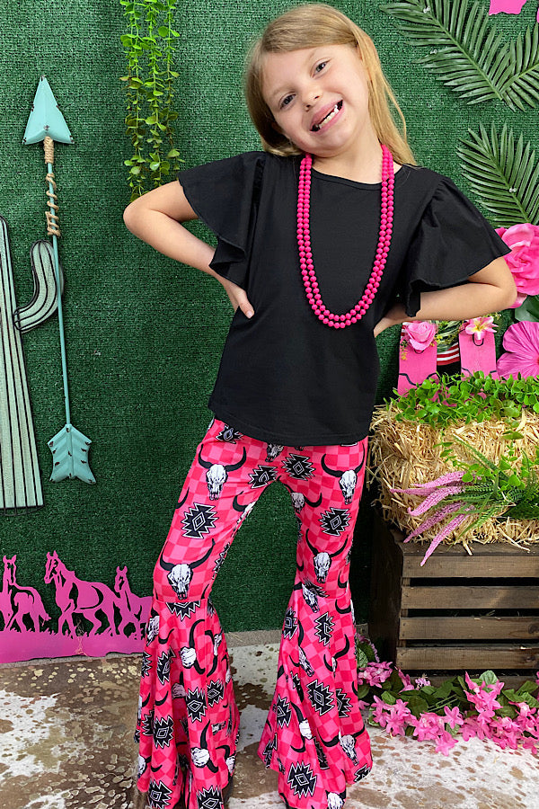 Western Black blouse & bull skull Aztec print bell bottom  girls boutique set XCH0777-18H A5S6