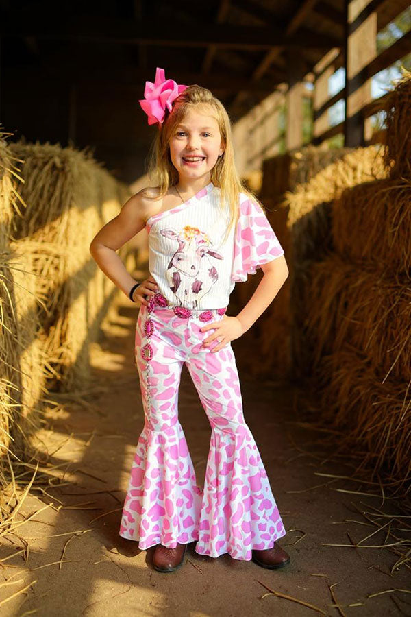 Western Kids one shoulder cow top pink bell bottom girls outfit sets DLH2444 (A6S3)