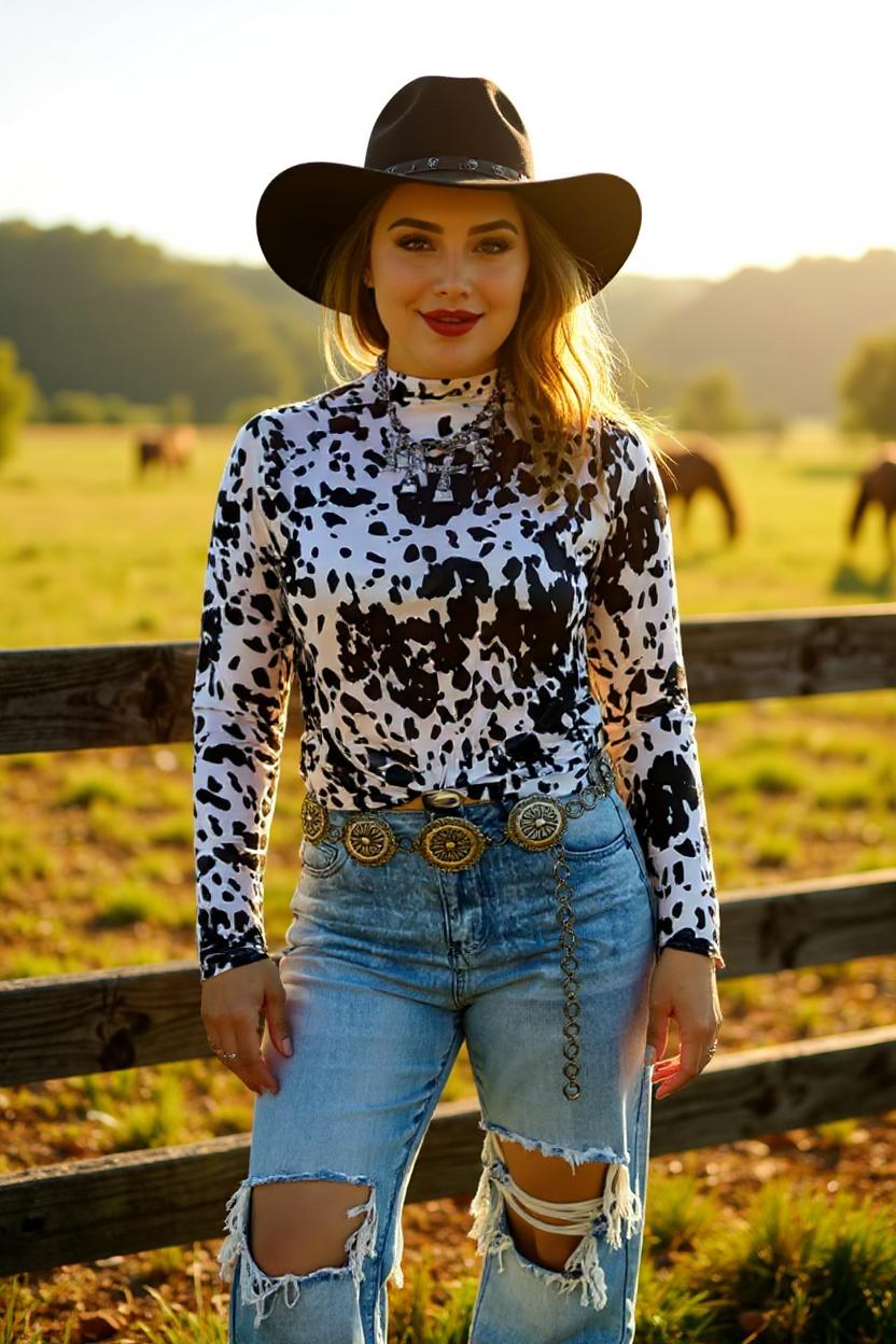 Sheer women's top wholesale cow printed mesh long sleeve XCH16109