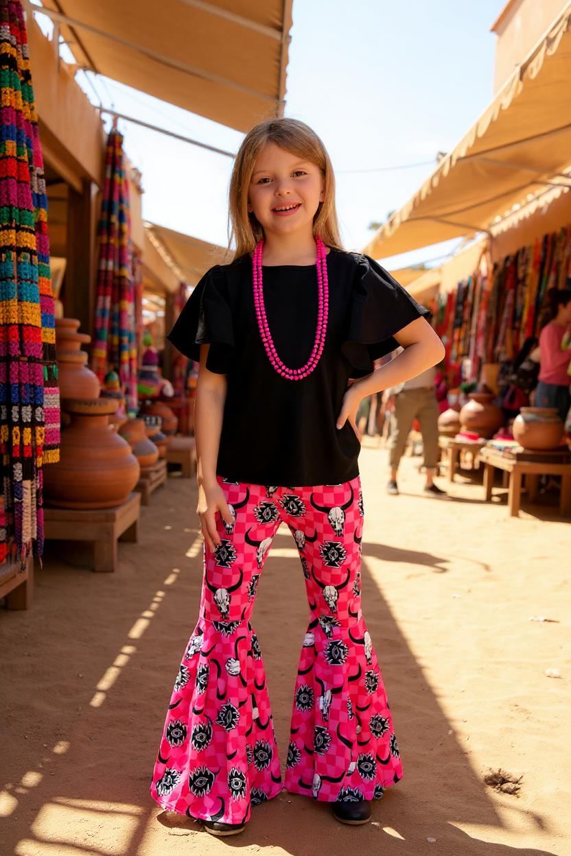 Western Black blouse & bull skull Aztec print bell bottom  girls boutique set XCH0777-18H A5S6