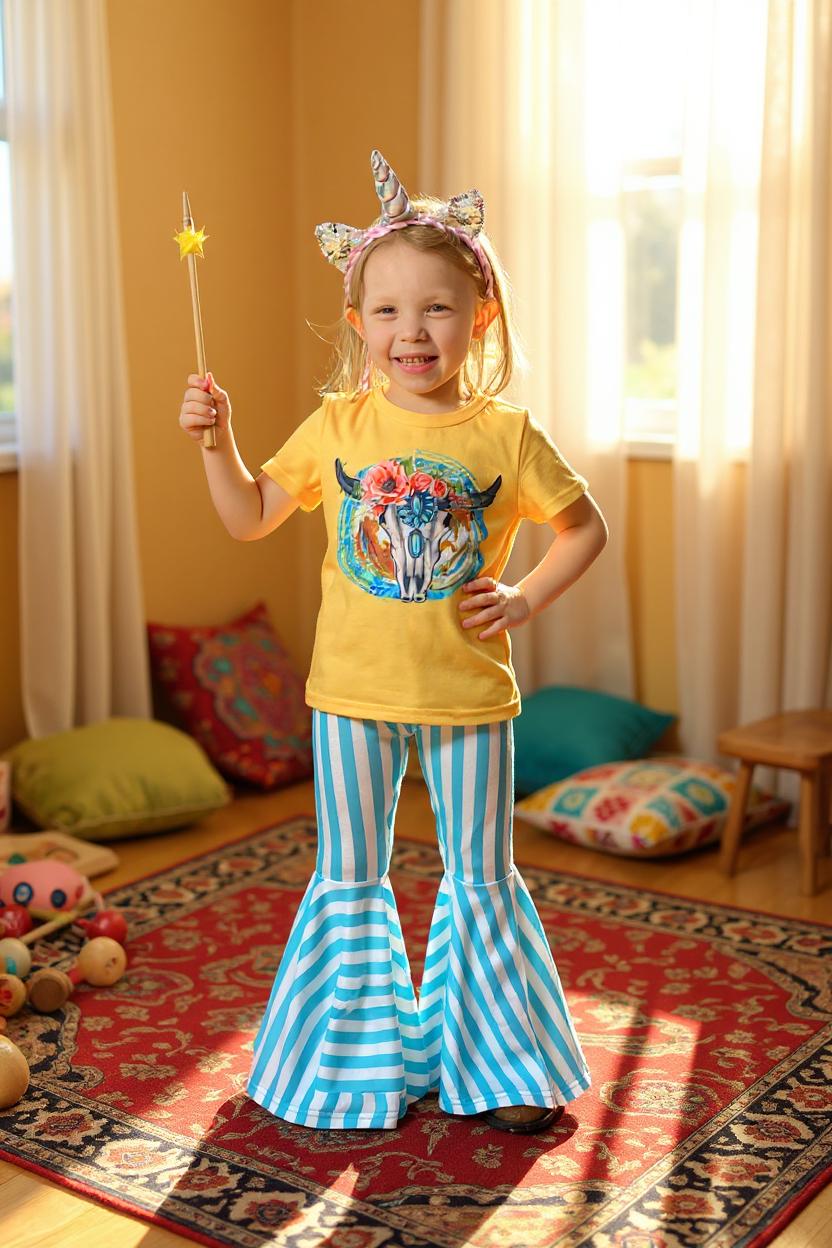 Bull skull top w/blue & white stripped bell bottoms 2pc girl set XCH0777-31H (A7S5)