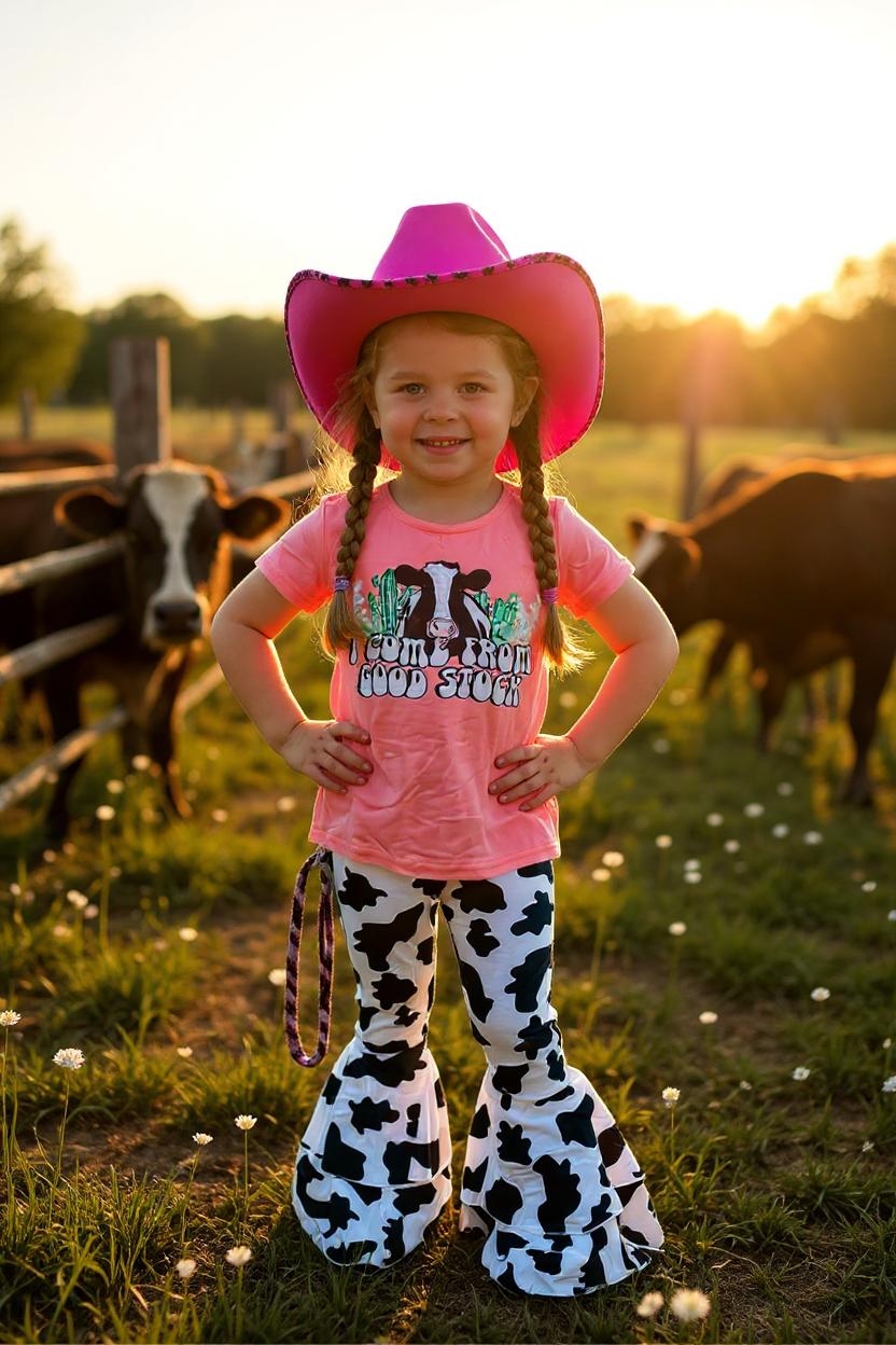 I COME FROM GOOD STOCK pink top cow bell bottom 2pc girls sets XCH0666-22H (A7S1)