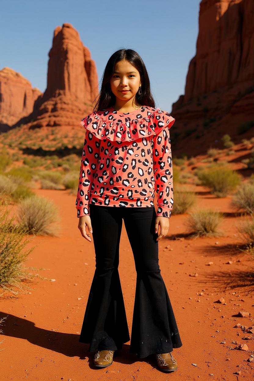 Kids Pink leopdard ruffle long sleeve top pant set XCH0015-28H